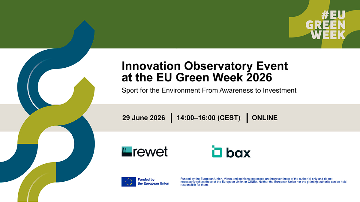 Promotional graphic for the REWET Innovation Observatory Event at EU Green Week 2026, titled Sport for the Environment From Awareness to Investment, with event date, time, online format and partner logos