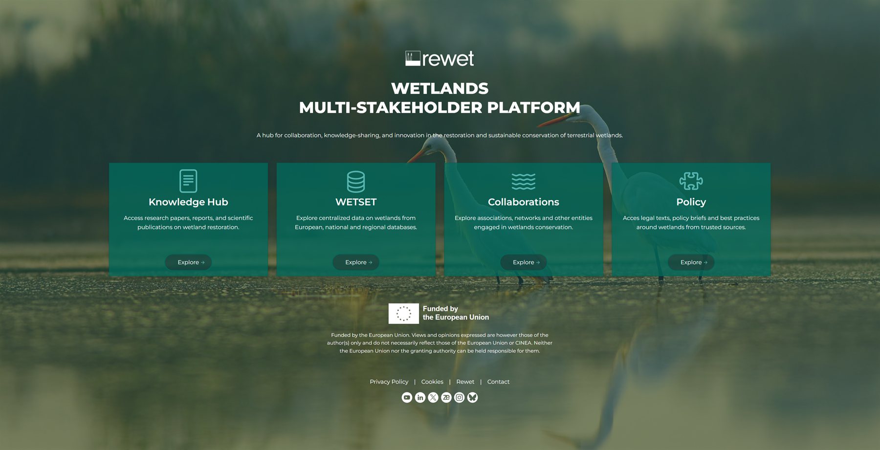 Home page of the REWET Wetlands Multi-Stakeholder Platform, with access to the Knowledge Hub, WETSET, Collaborations and Policy sections